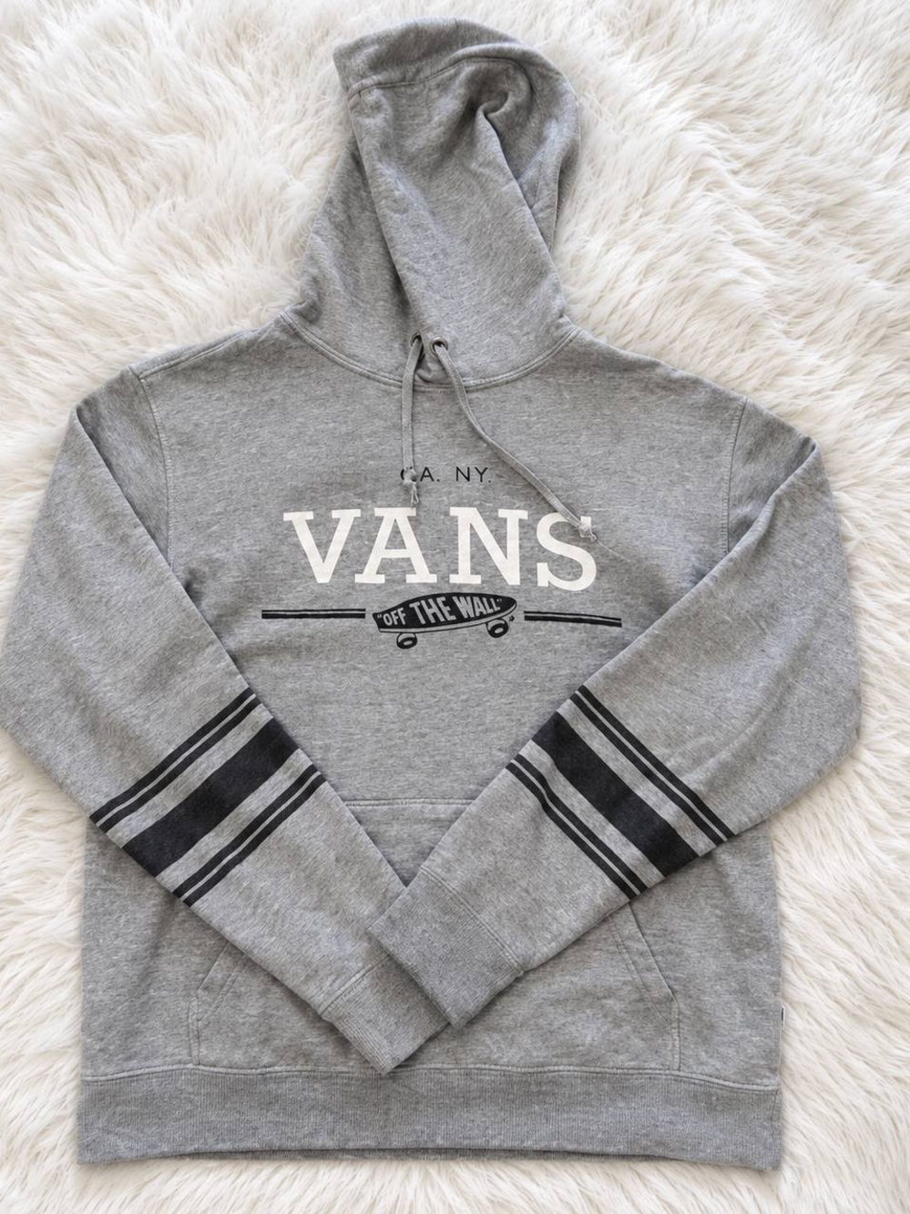 Vans Gray Logo Pullover Hoodie with Black Sleeve Stripes